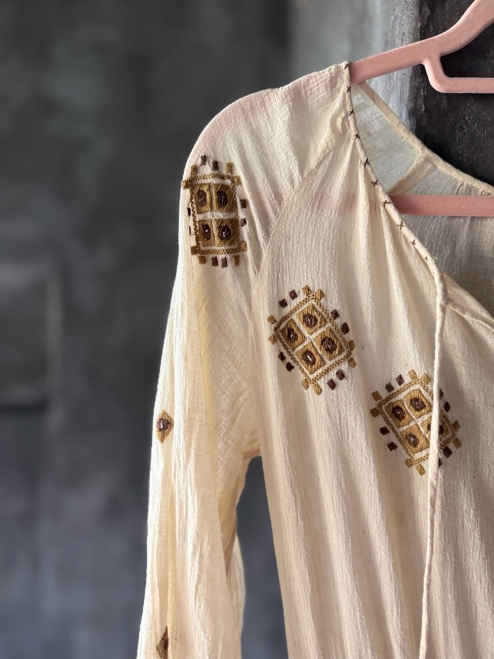 Vintage Cream Midi Dress with Brown Embroidered Accents